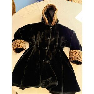 Vtg Black Faux Fur Leopard Hood/Cuffs Coat KC Collections USA Vegan Sz S Olefin